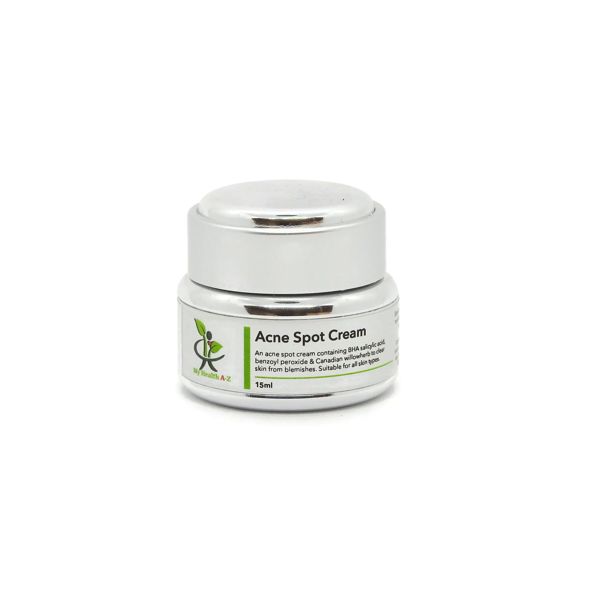 Acne spot cream jar with silver lid on a white background