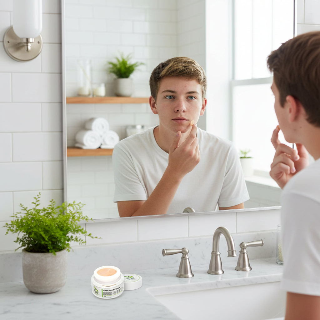 teenage boy applying Acne Spot Cream to his face in front of a mirror