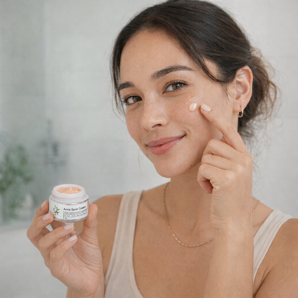 Woman applying cream to her face with a jar of the same cream in her hand.
