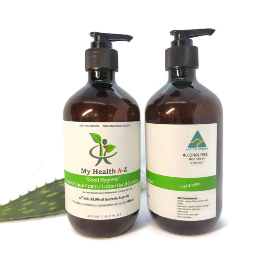 two dispenser bottle alcohol free hand sanitiser with aloe vera leaf behind the bottle right bottle front view left side view