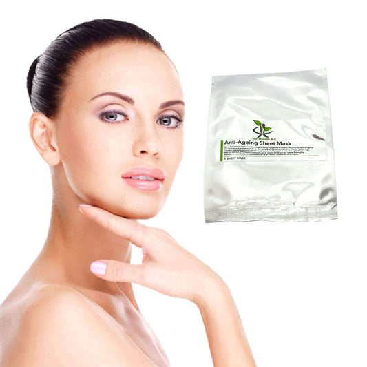 beautiful women with her hand on the chin and an anti-ageing face sheet mask satchel