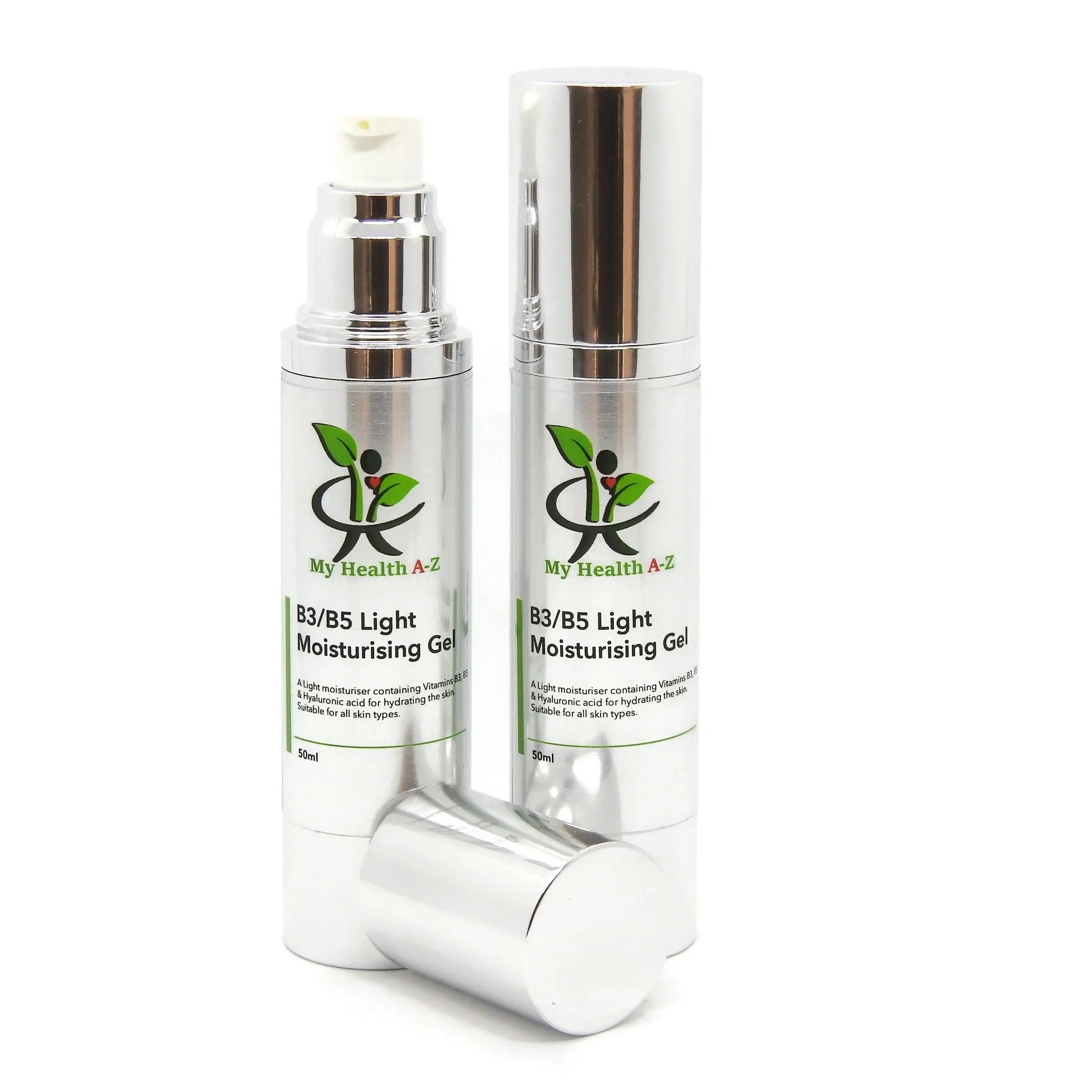 Two bottles of My Health A-Z B3/B5 Light Moisturising Gel on a white background