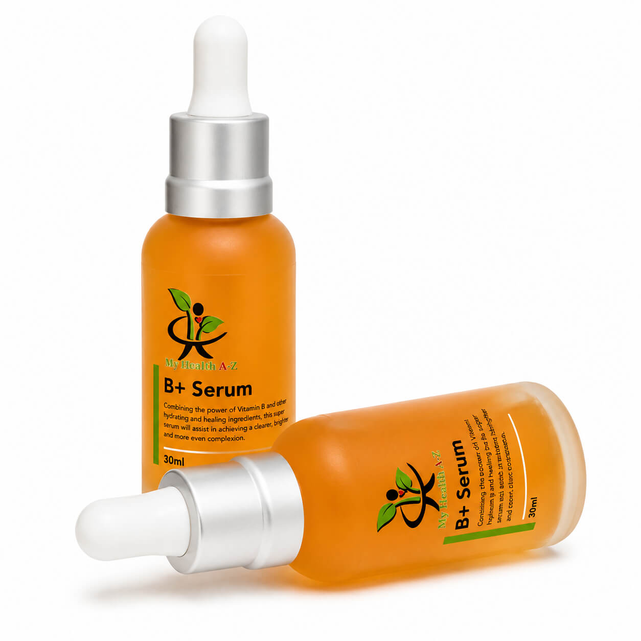 Two amber glass dropper bottles of Miriam's B+ Serum, one standing upright and the other lying on its side, on a white background.