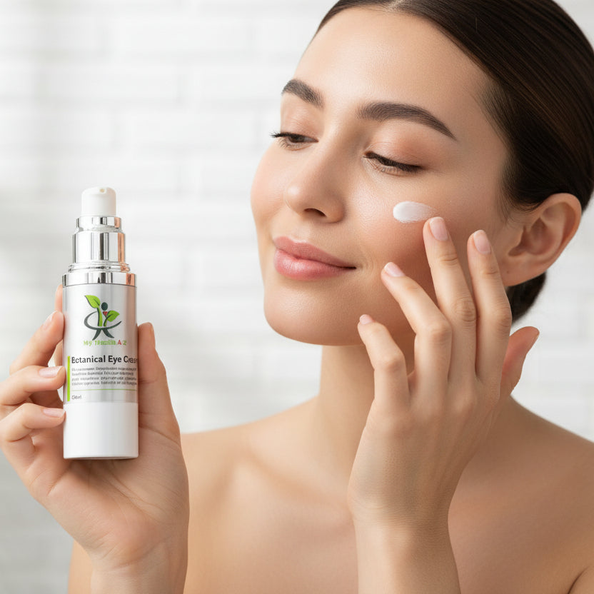 woman appying My Health A-Z eye cream to her face on a white background