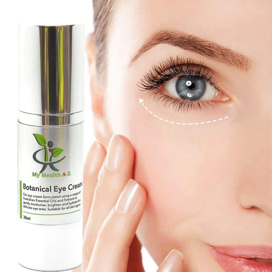 'My Health A-Z' Botanical Eye Cream bottle with close-up of eye area on a white background