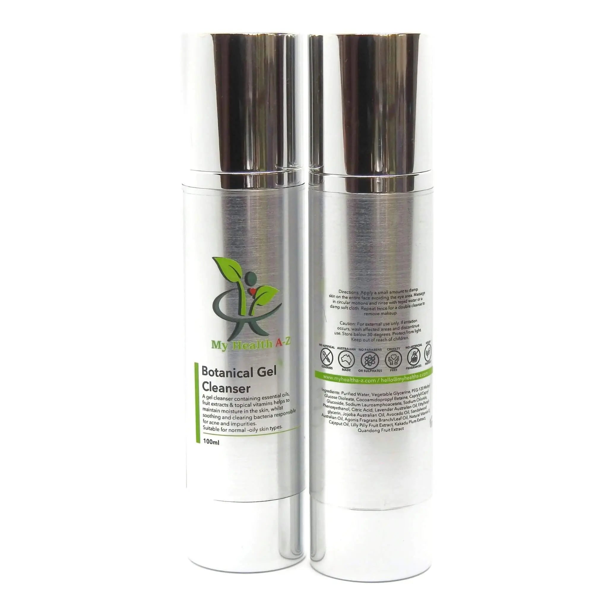 My Health A-Z Botanical Gel Cleanser Vegan 100ml – front and back bottle view white background