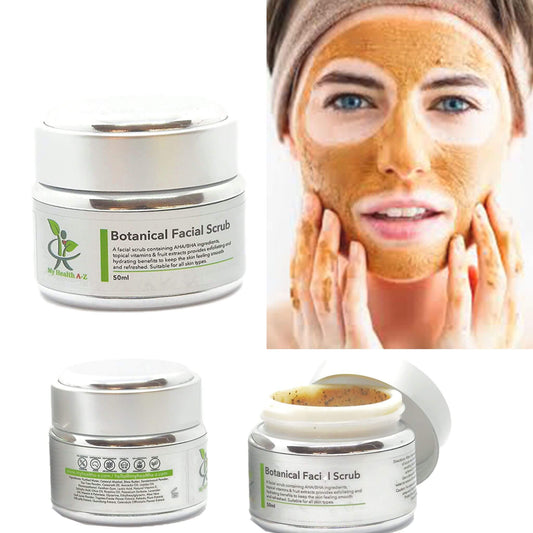botanical facial scrub jar and woman who has applied the  scrub onto her face