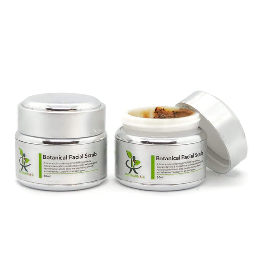 two jars of bottanical facial scrub on the right open lid beside the jar