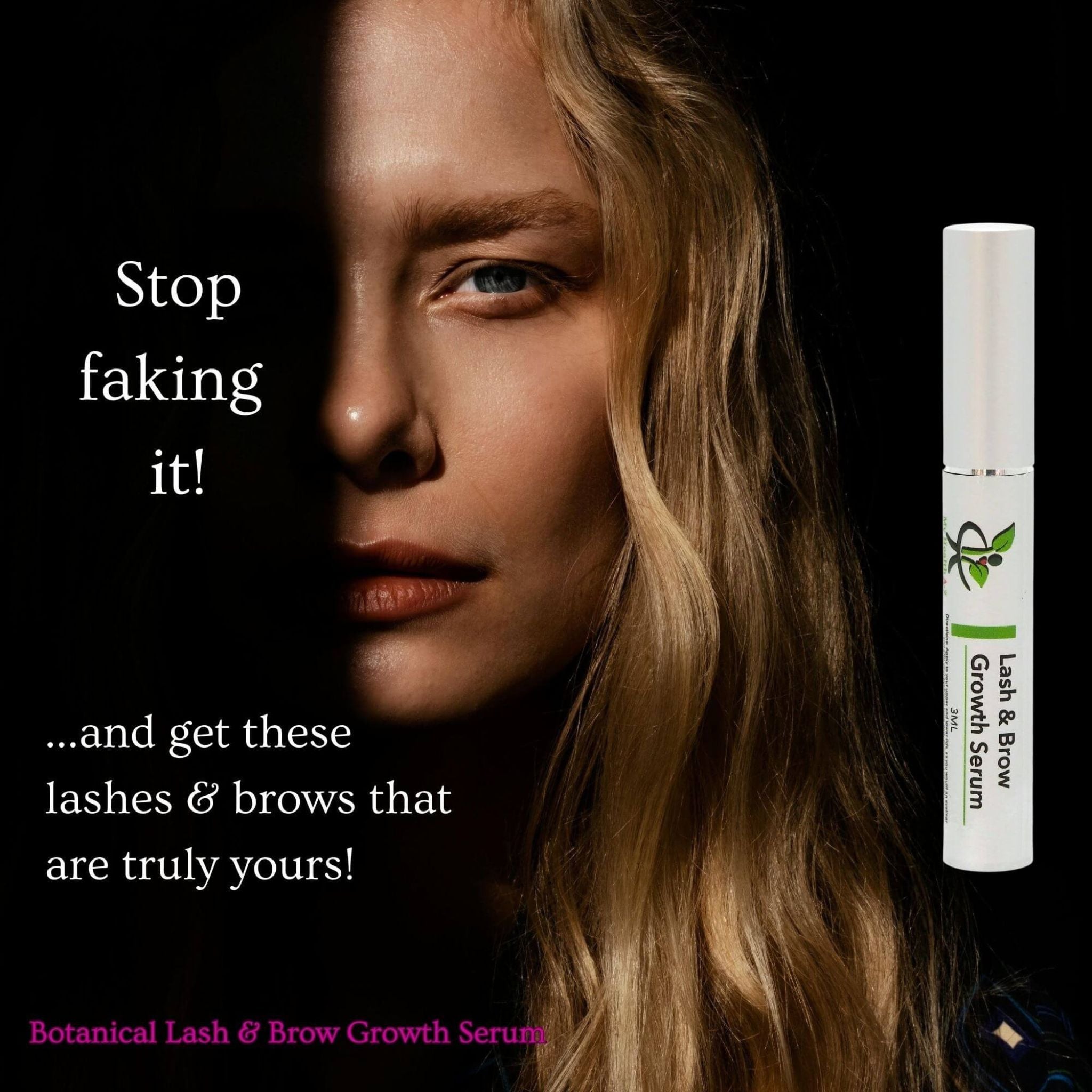 Woman with long blonde hair and a My Health A-Z Botanical Lash & Brow Growth Serum bottle on a dark background.