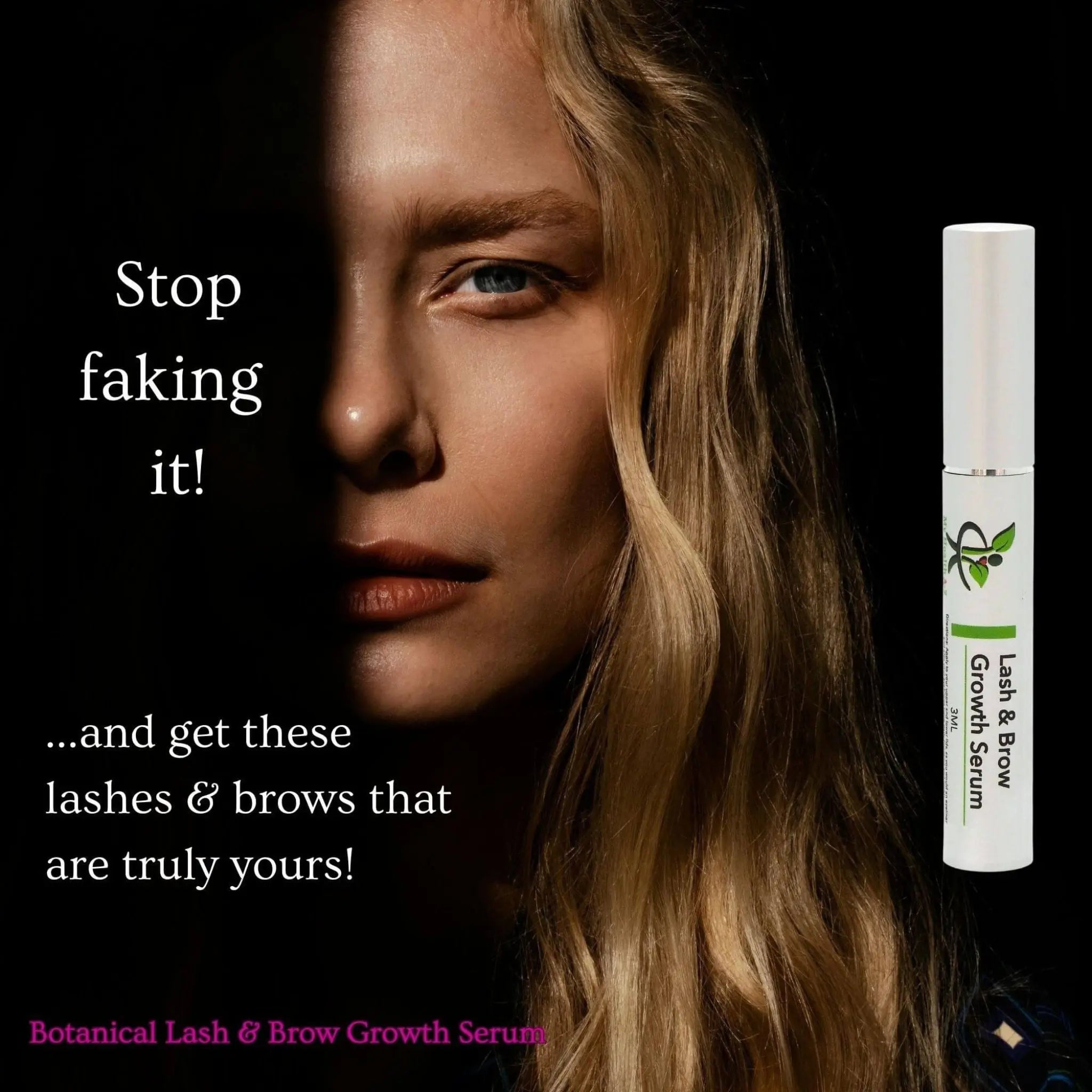 Woman with long blonde hair and a My Health A-Z Botanical Lash & Brow Growth Serum bottle on a dark background.
