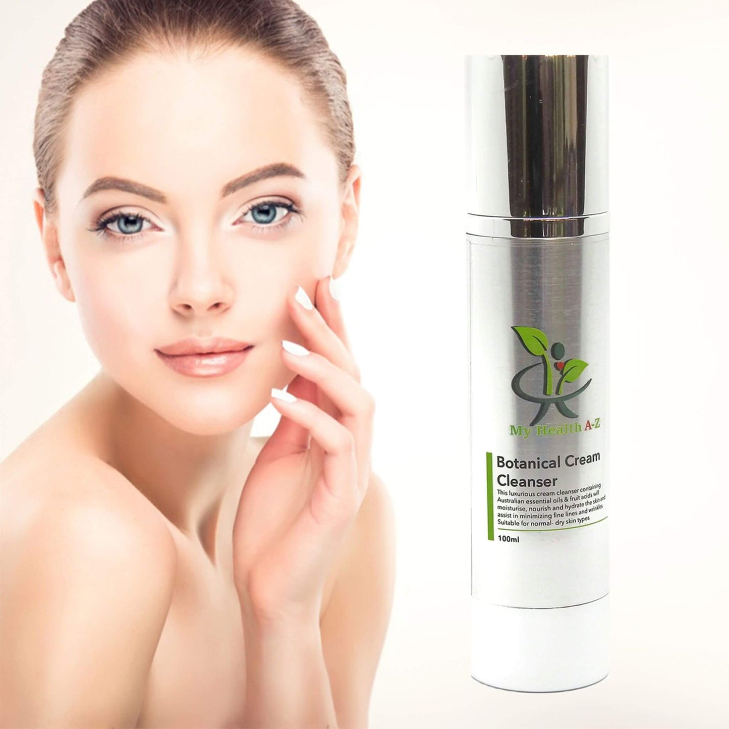 Woman touching her face with a bottle of 'My Health A-Z' Botanical Cream Cleanser' on a white background