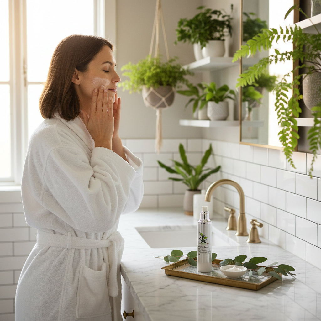 a woman using a Botanical Cream Cleanser in a bathroom with green plants in the background
