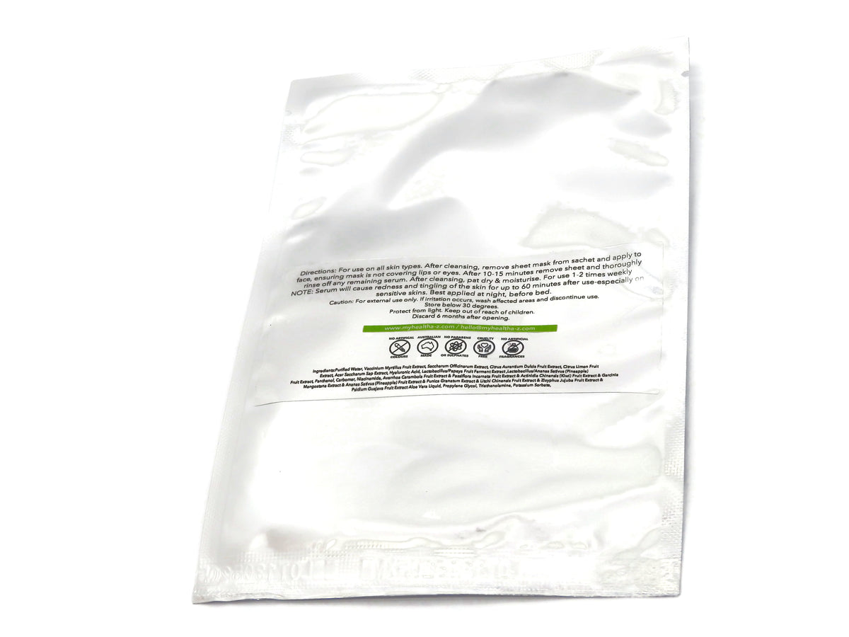 A white resealable plastic pouch with printed text and recycling icons on the back, photographed against a plain white background.