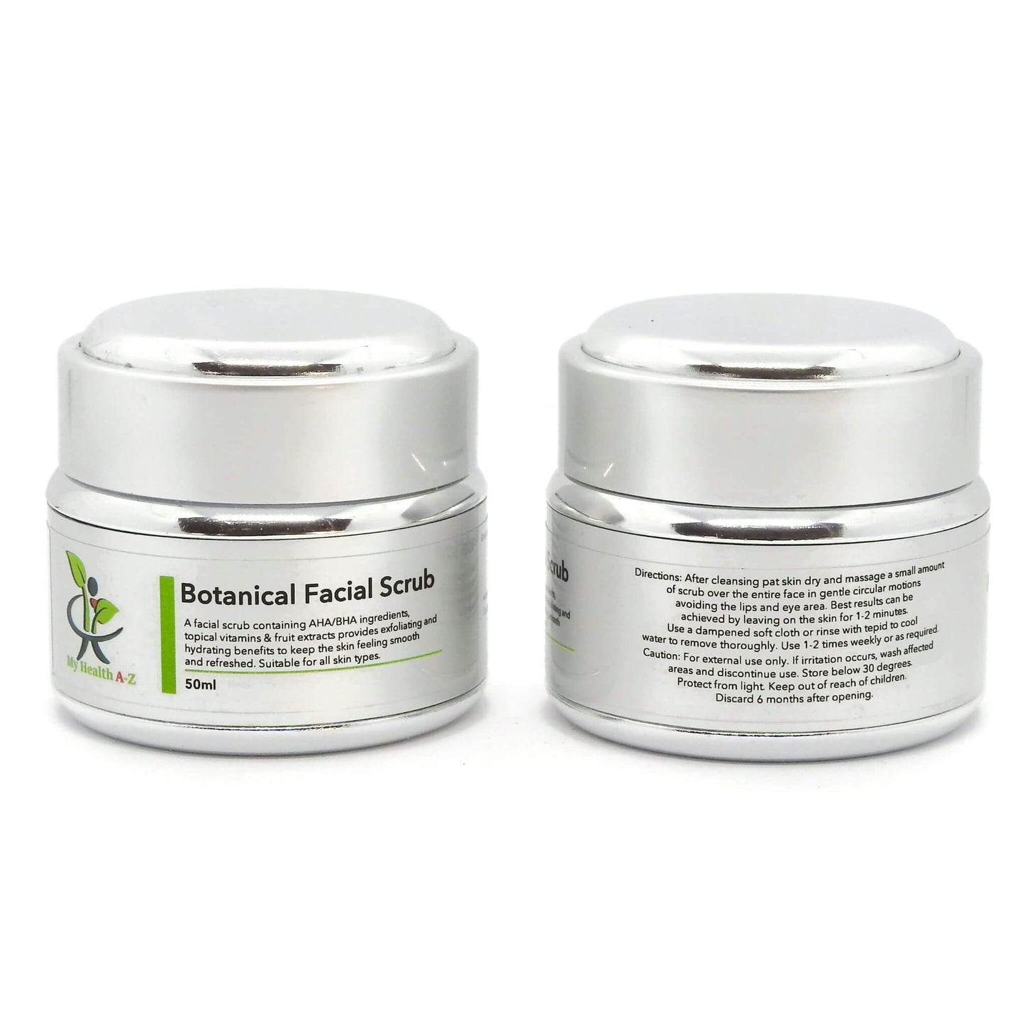 Two jars of 'My Health A-Z' Botanical Facial Scrub with labels on a white background