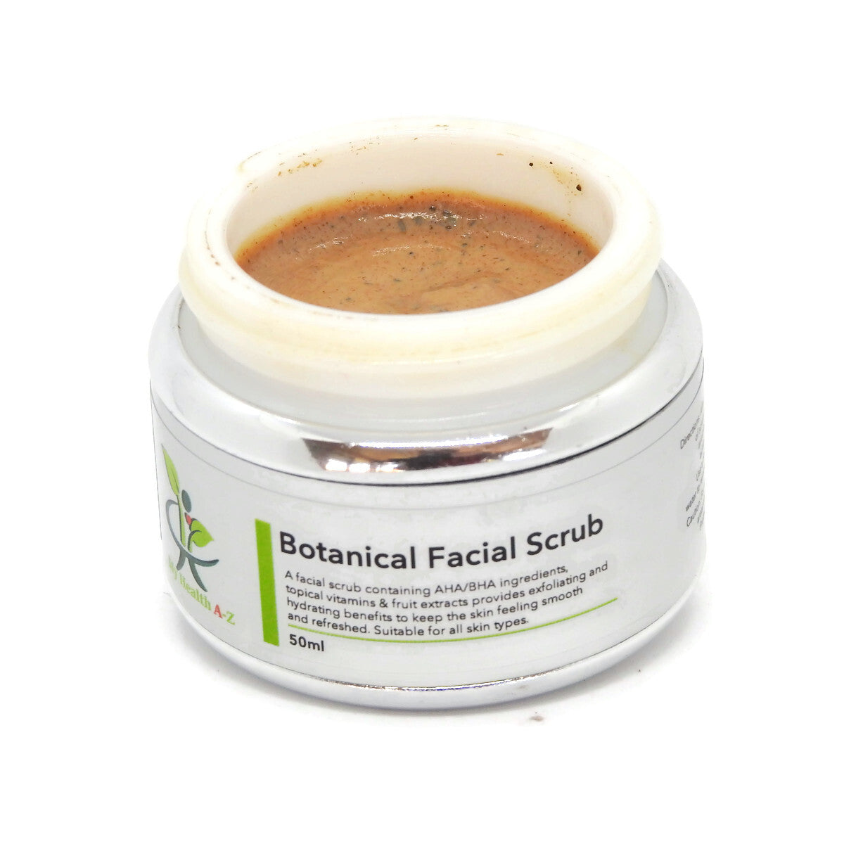 Jar of Botanical Facial Scrub with visible label on a white background