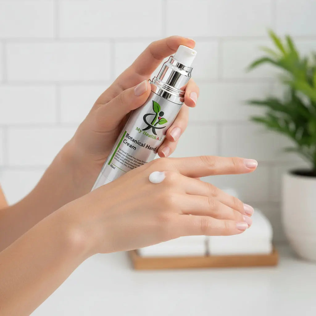 Botanical hand cream bottle with visible branding on blurred background