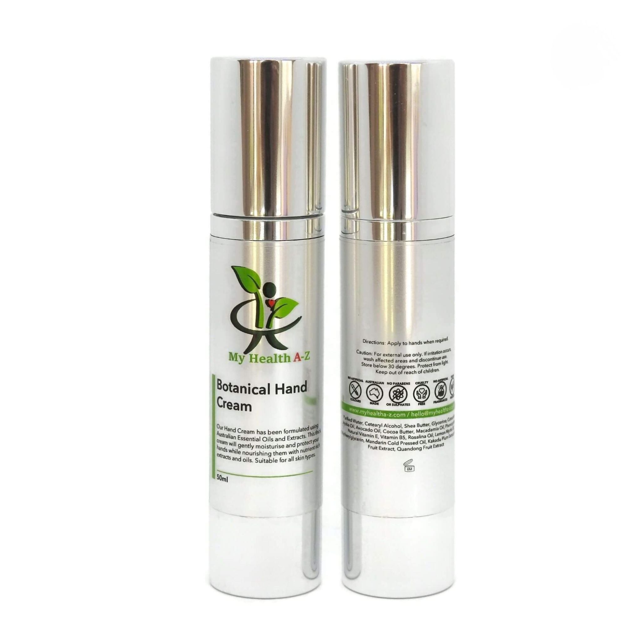 Two bottles of My Health A-Z Botanical Hand Cream on a white background front and back view