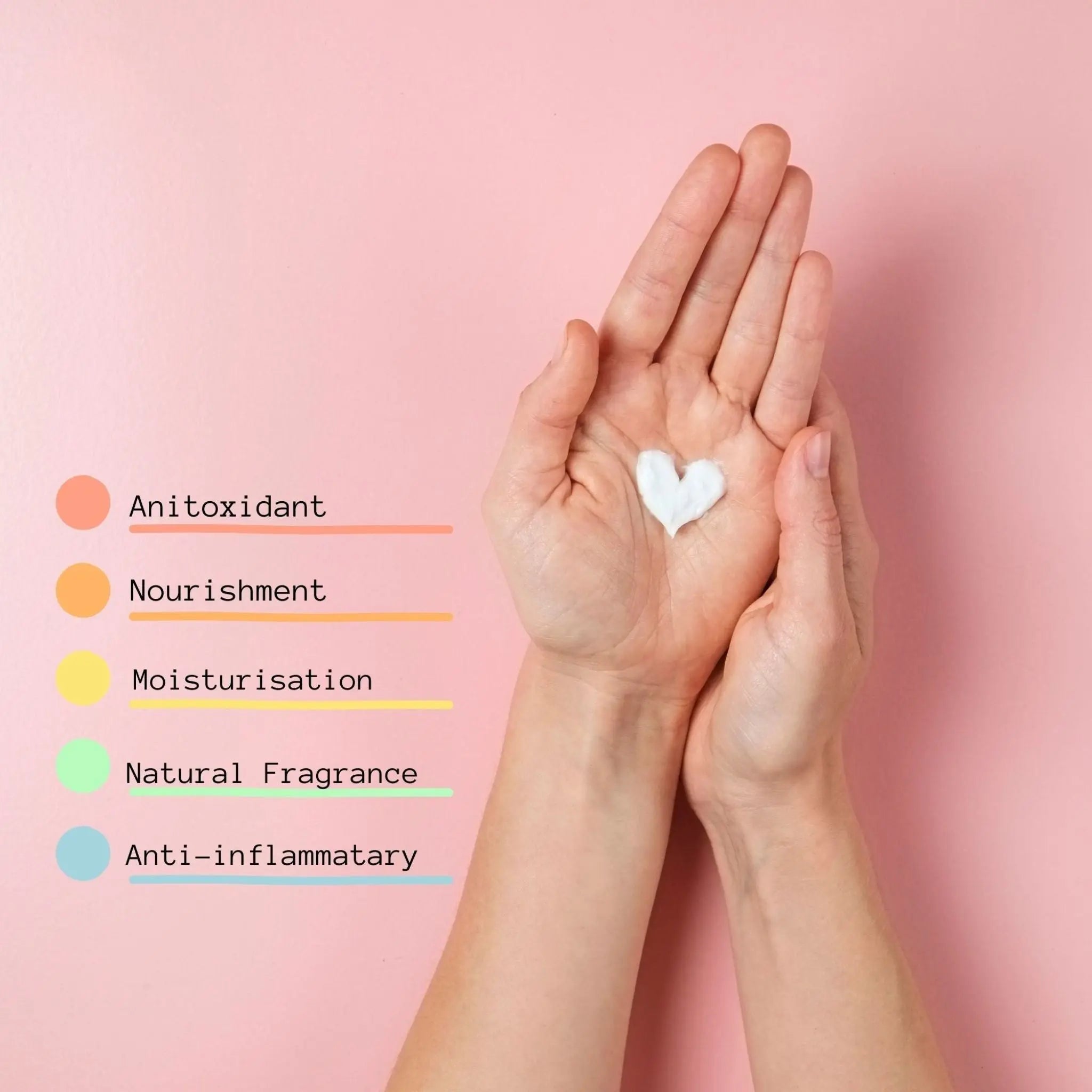 Hands holding a heart-shaped hand cream with text on a pink background from My Health A-Z