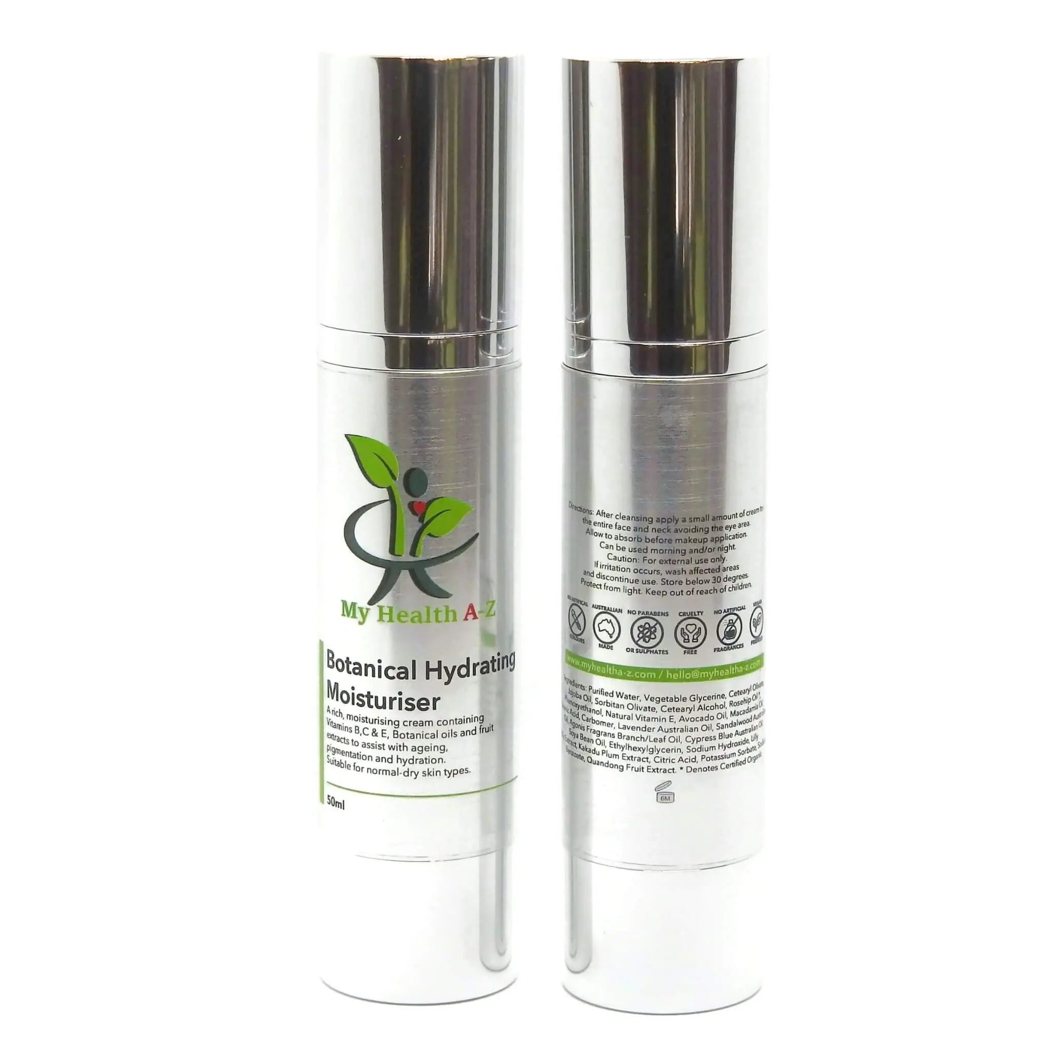 My Health A-Z Botanical Hydrating Moisturiser Lotion Vegan 50ml – front and back bottle view