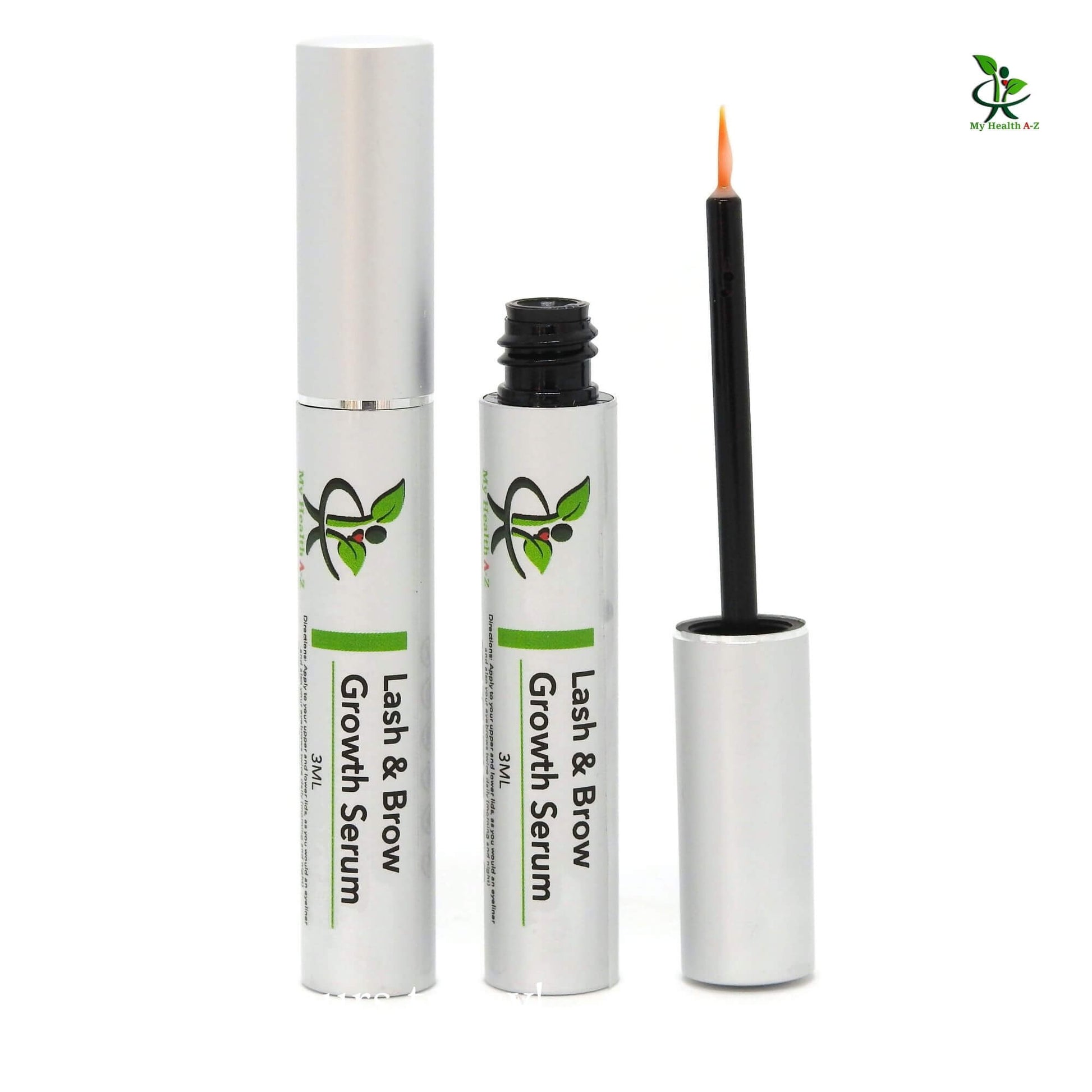 on the left one bottle closed, in the middle open bottle and on the right applicator for i lashes and brows