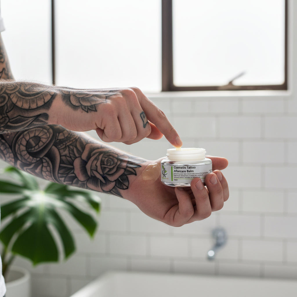 Cosmetic tattoo aftercare balm applied by a man in a bathroom