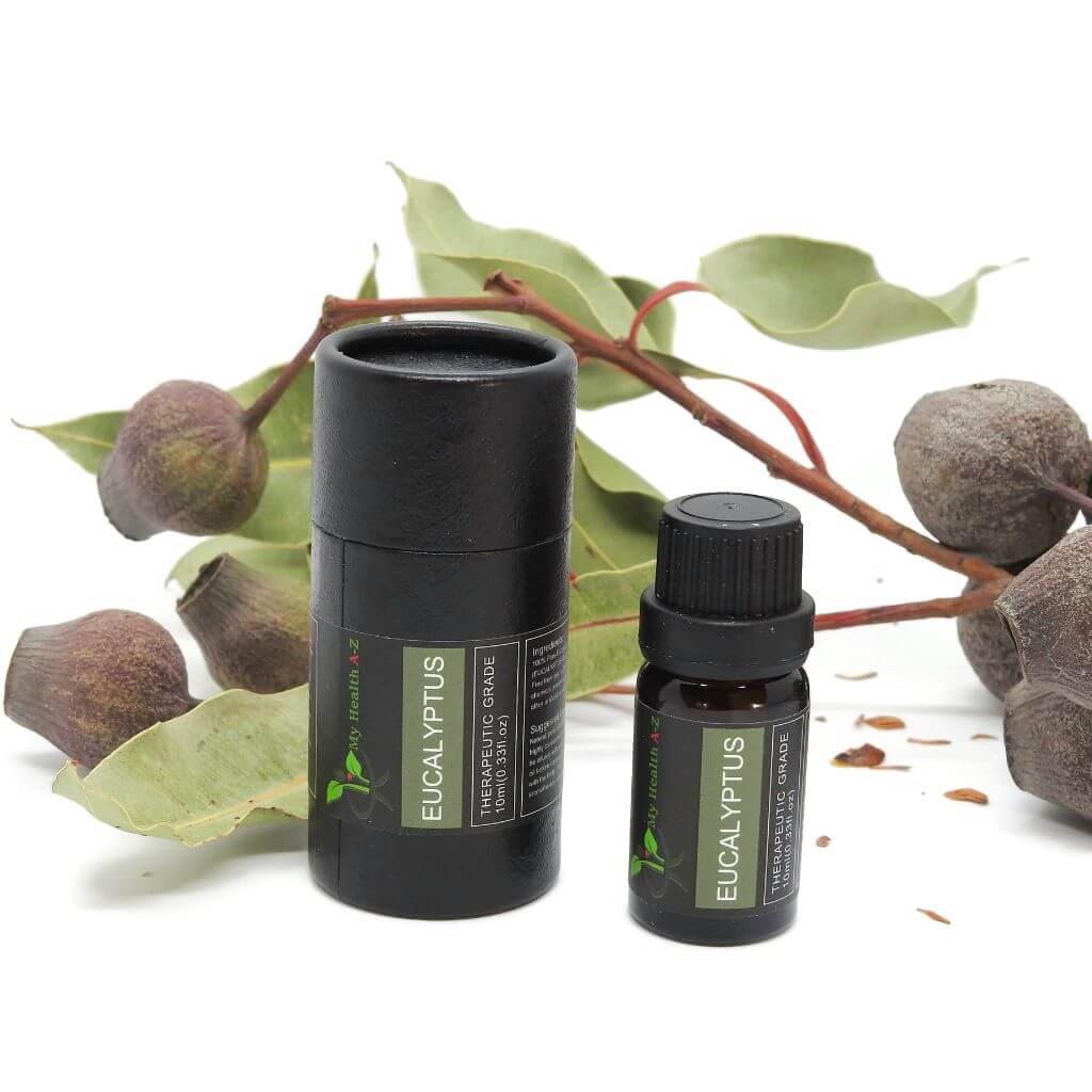 packaging cylinder with open eucaluptus essential oil bottle and gumnuts in the background