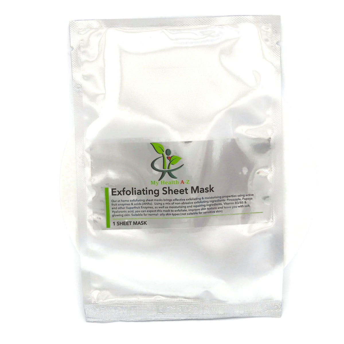 A single-use exfoliating sheet mask in a clear, resealable plastic pouch with a white label. The label features the brand name &
