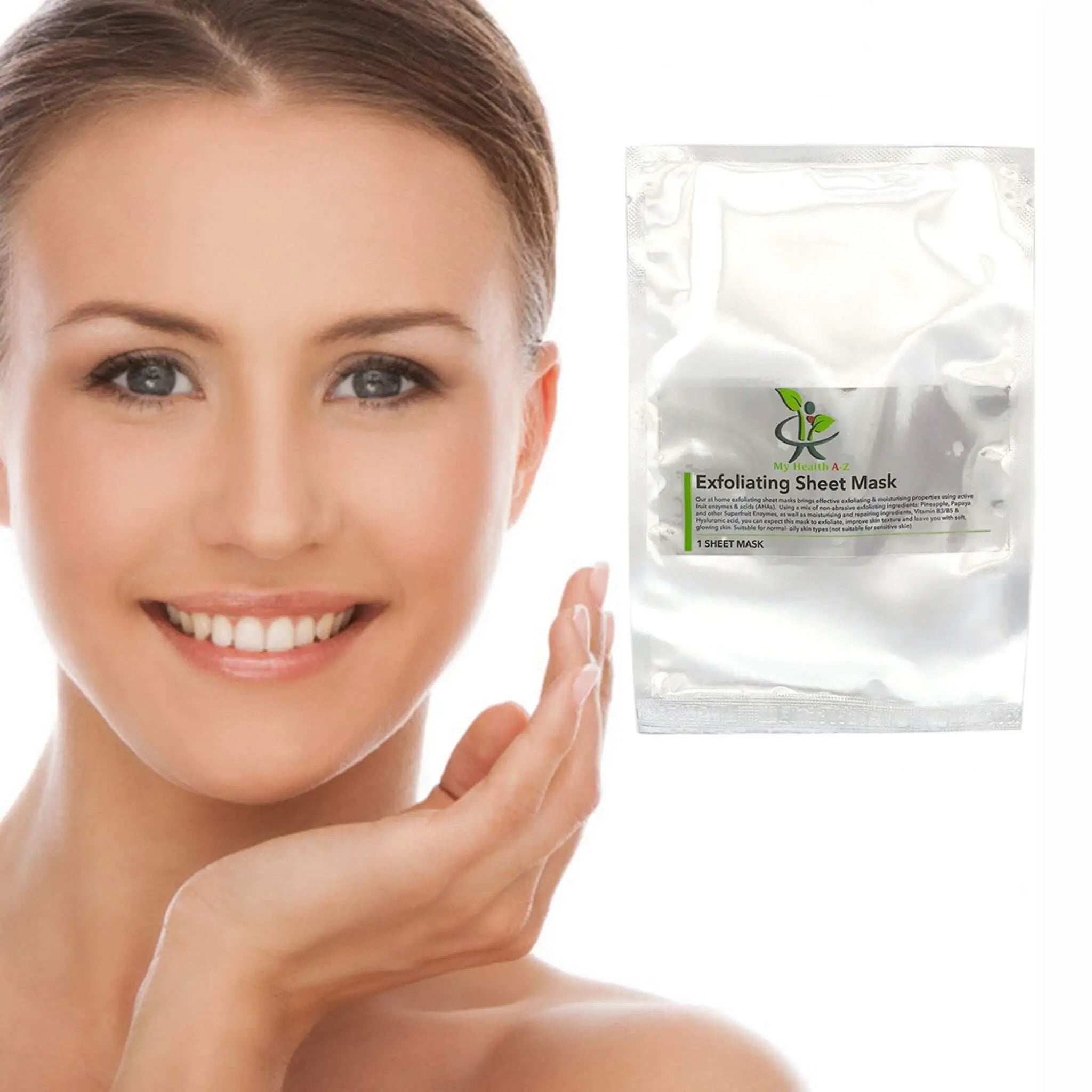 Woman with a bright smile holding her hand to her face next to an &