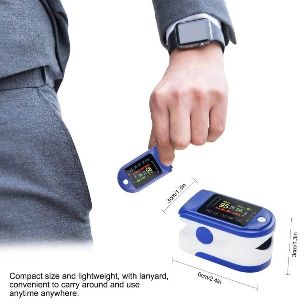 a man holding a finger pulse oximeter on the botten right the measurements of the device