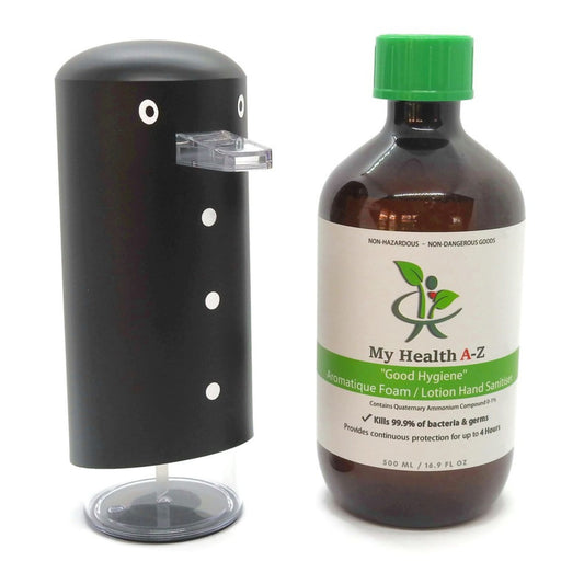 penguin foam dispenses and next to it a 500ml alocohol free hand sanitiser with green lid