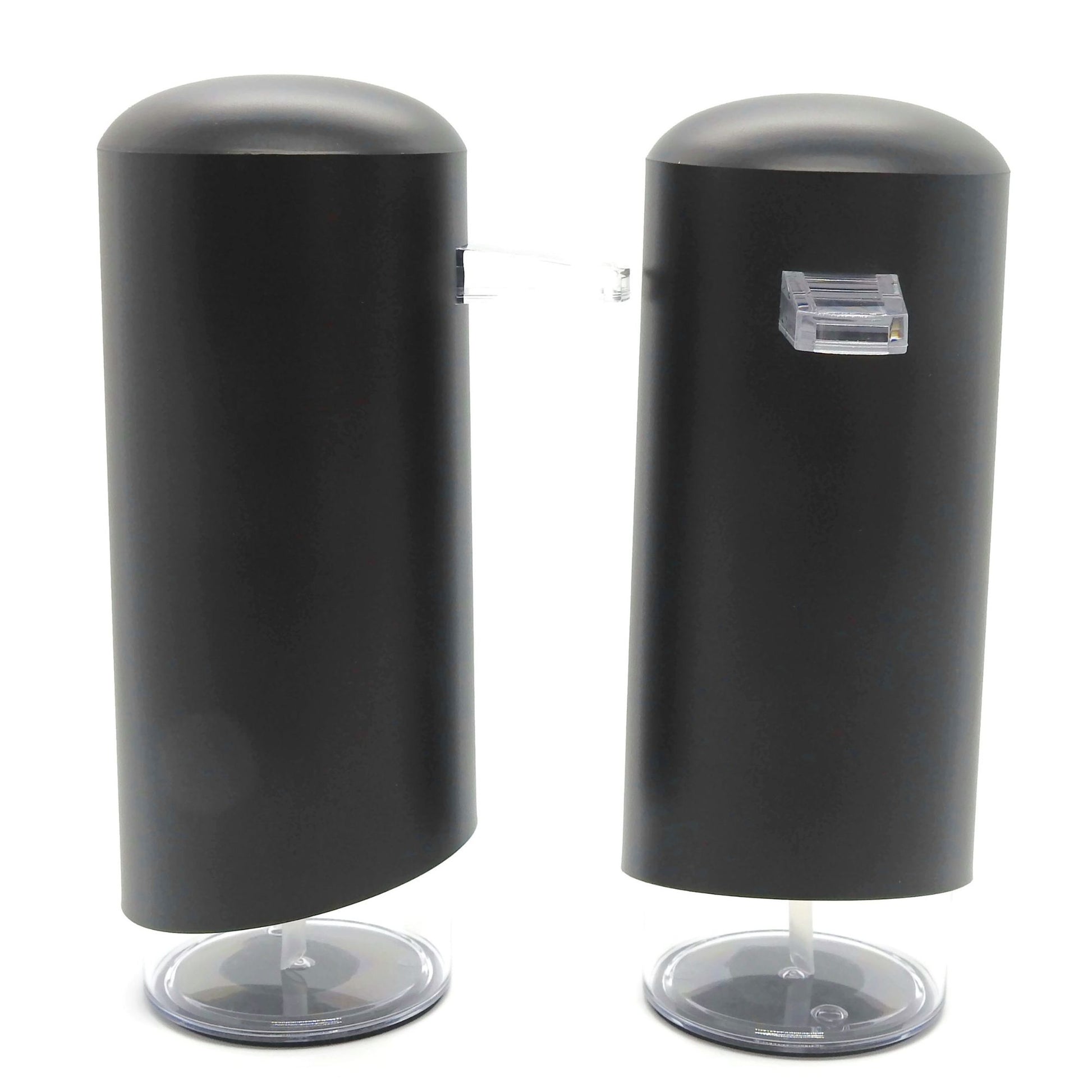 two black foam dispensers one side view and one front view