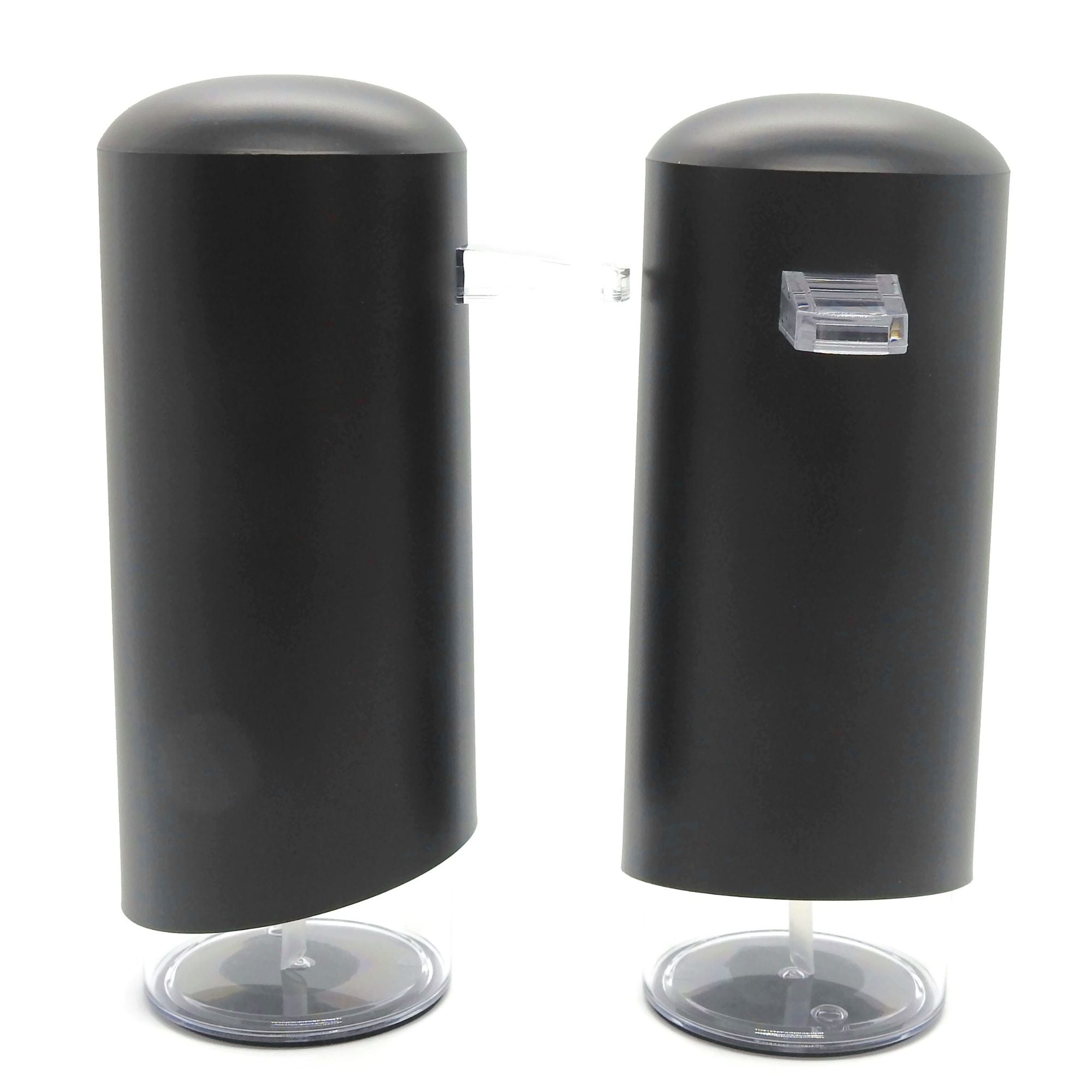 two black foam dispensers one side view and one front view
