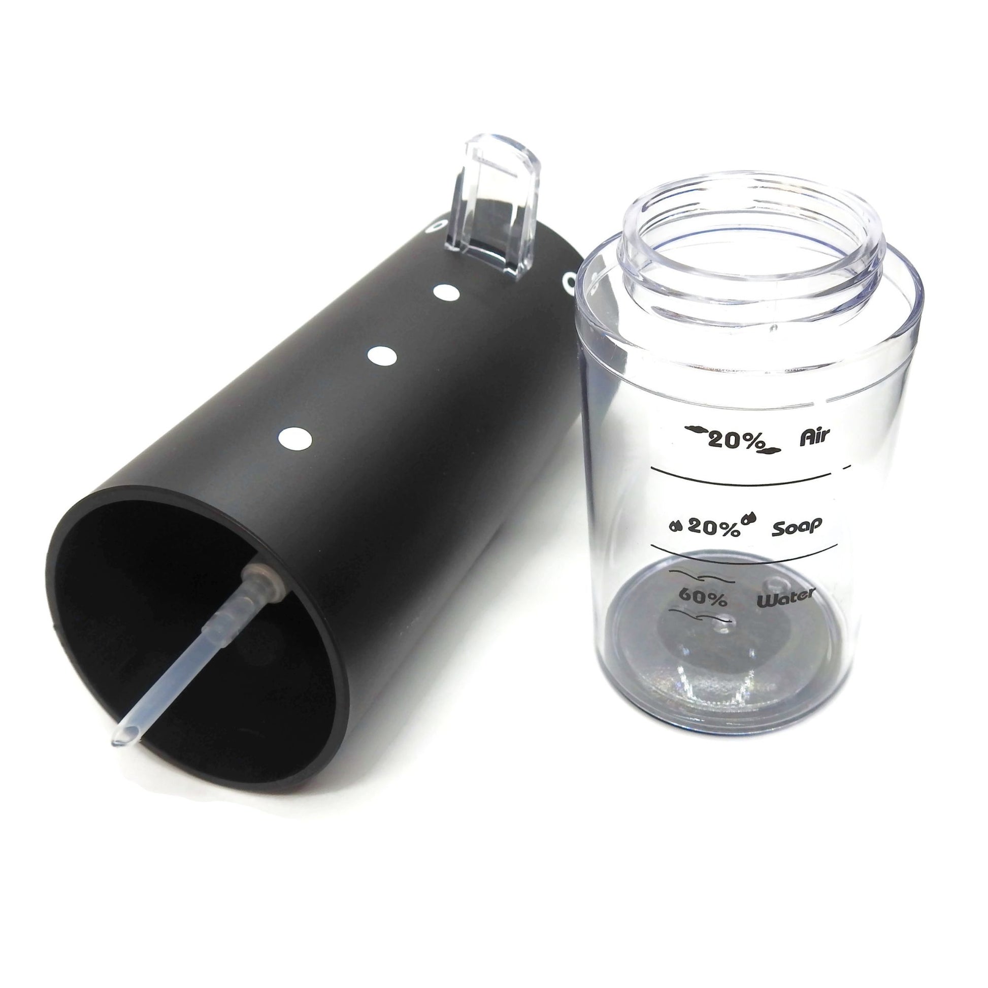 black foam dispenser open to see inside and next to it bottom part measuring container