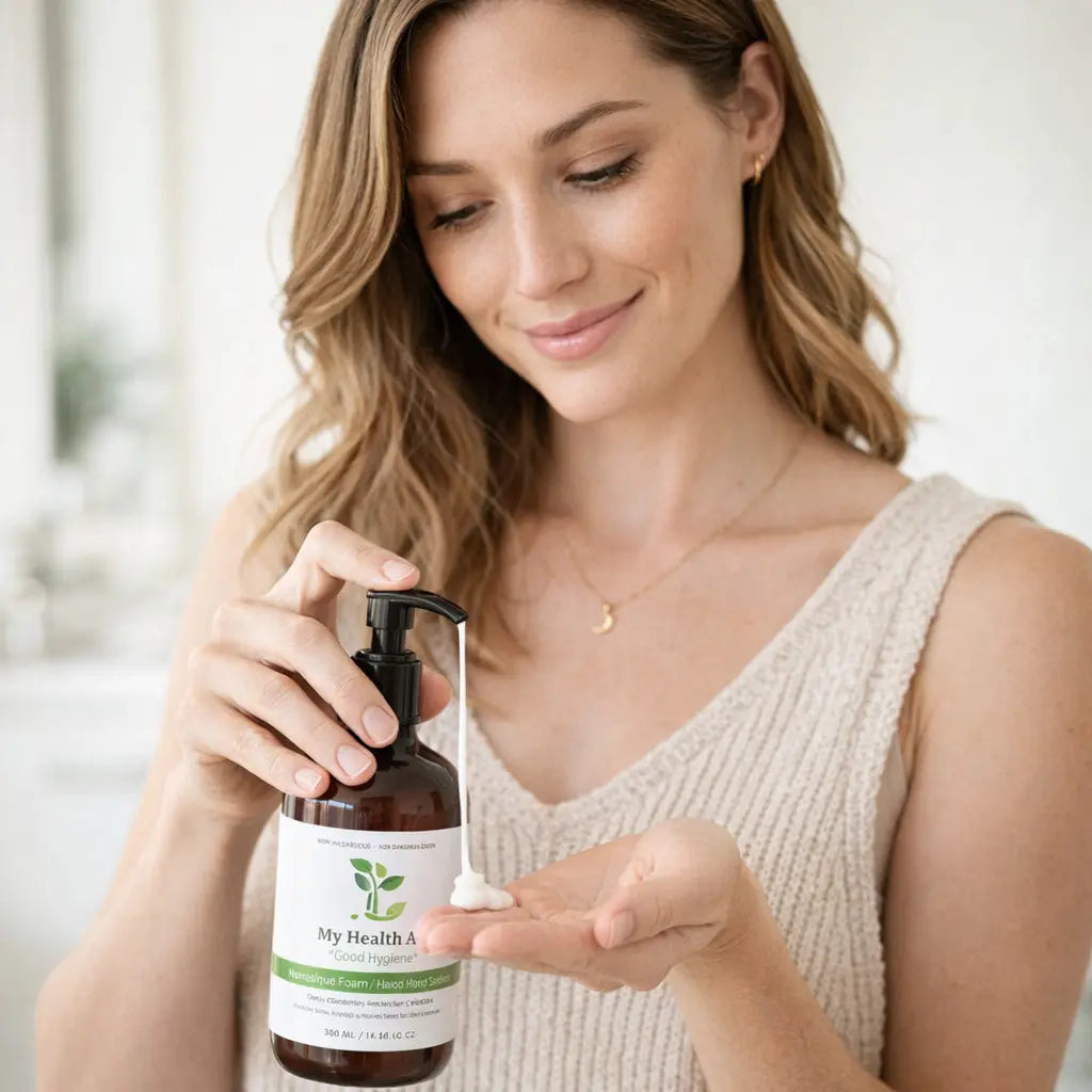 Woman applying liquid from a bottle labeled &