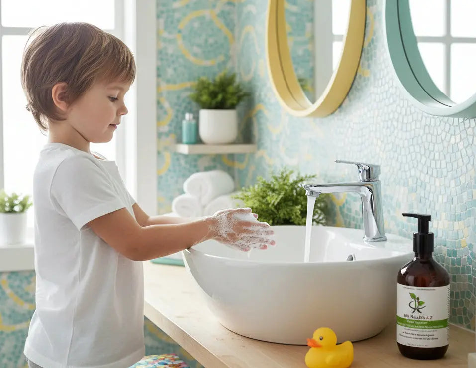 Boy washing hand with a Bottle of &