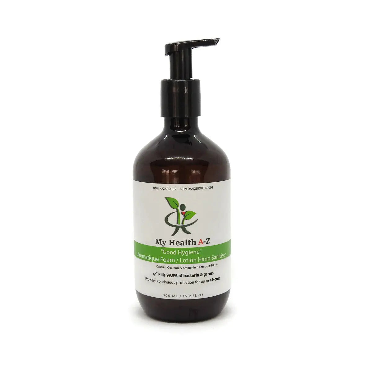Hand sanitizer bottle with pump labeled &