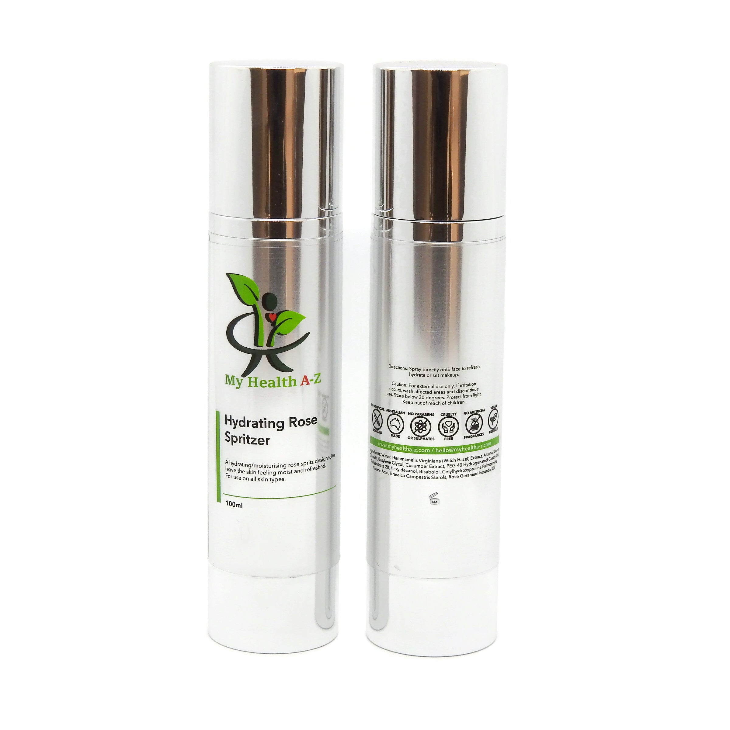 Two clear bottles with labels on a white background