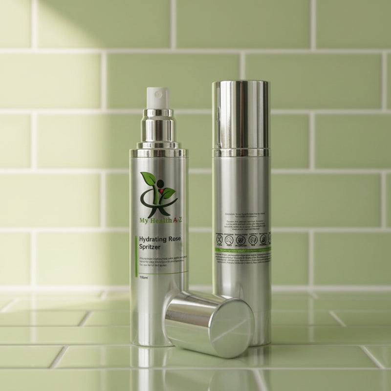 Two silver skincare bottles with green labels on a green tiled background