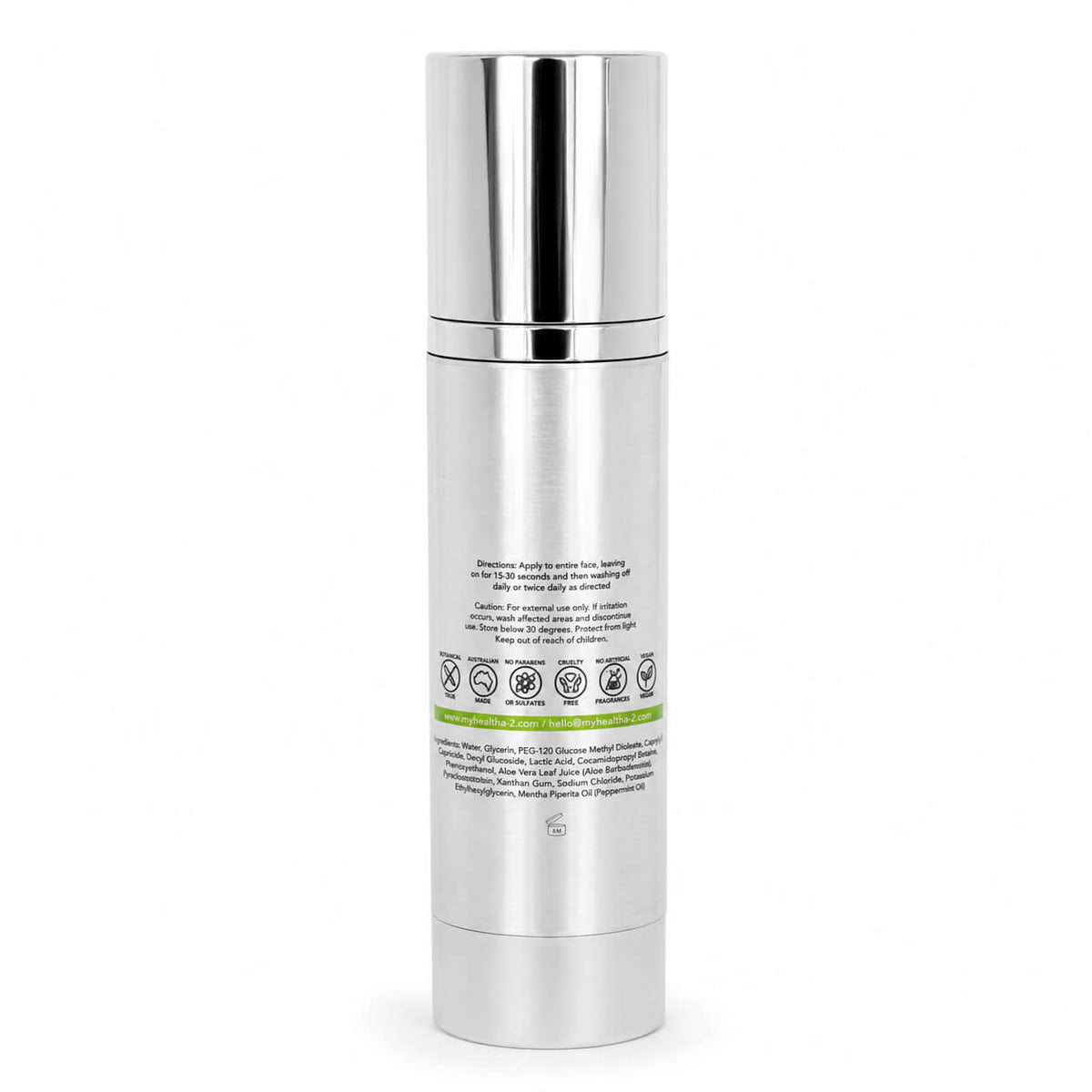 A tall, cylindrical silver metallic cosmetic bottle with a matching cap, shown from the back against a plain white background.