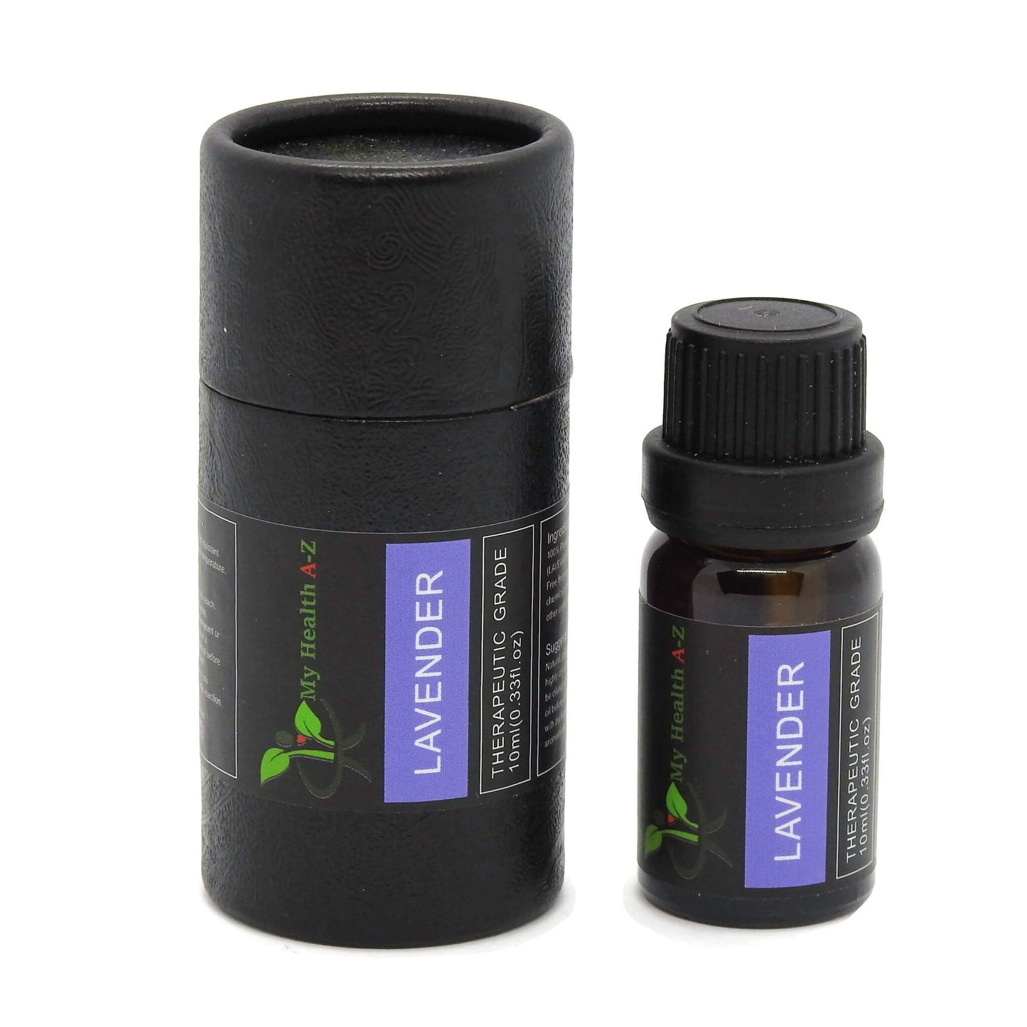 black Cylinder and next to is a 10ml bottle of lavender essential oil