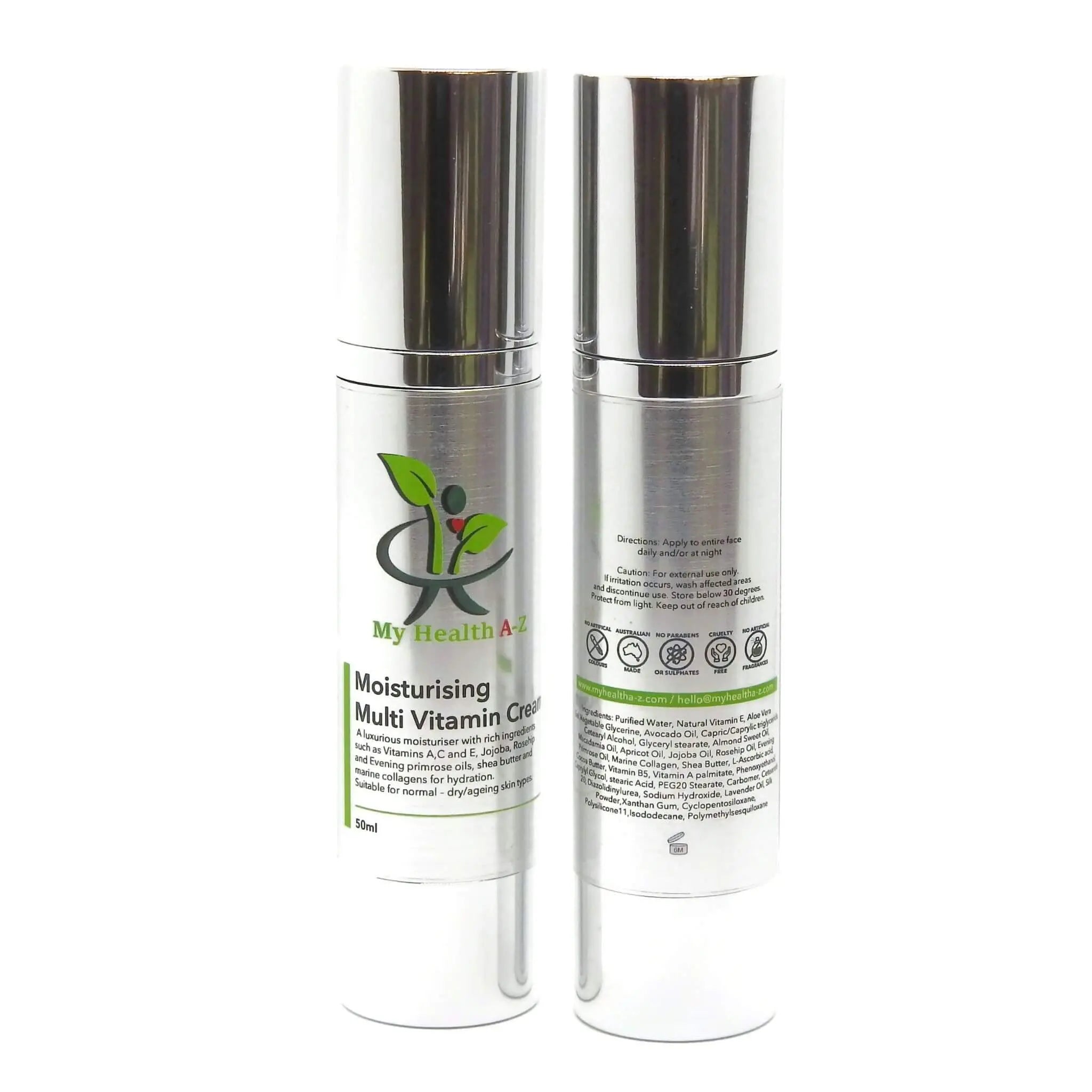 Two bottles of My Health Aid moisturising multi-vitamin cream on a white background