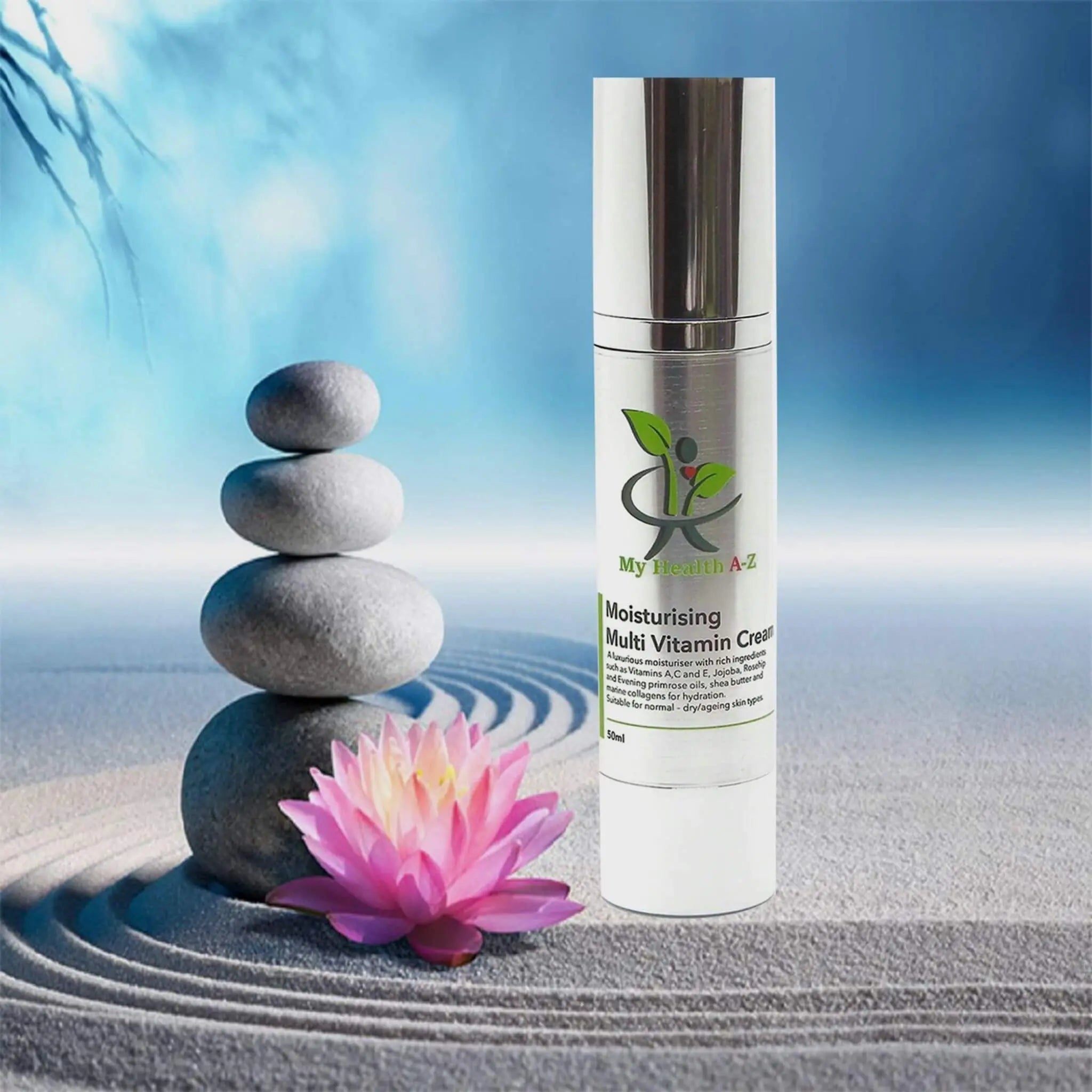Skincare bottle with a pink flower and stones on a blurred natural background