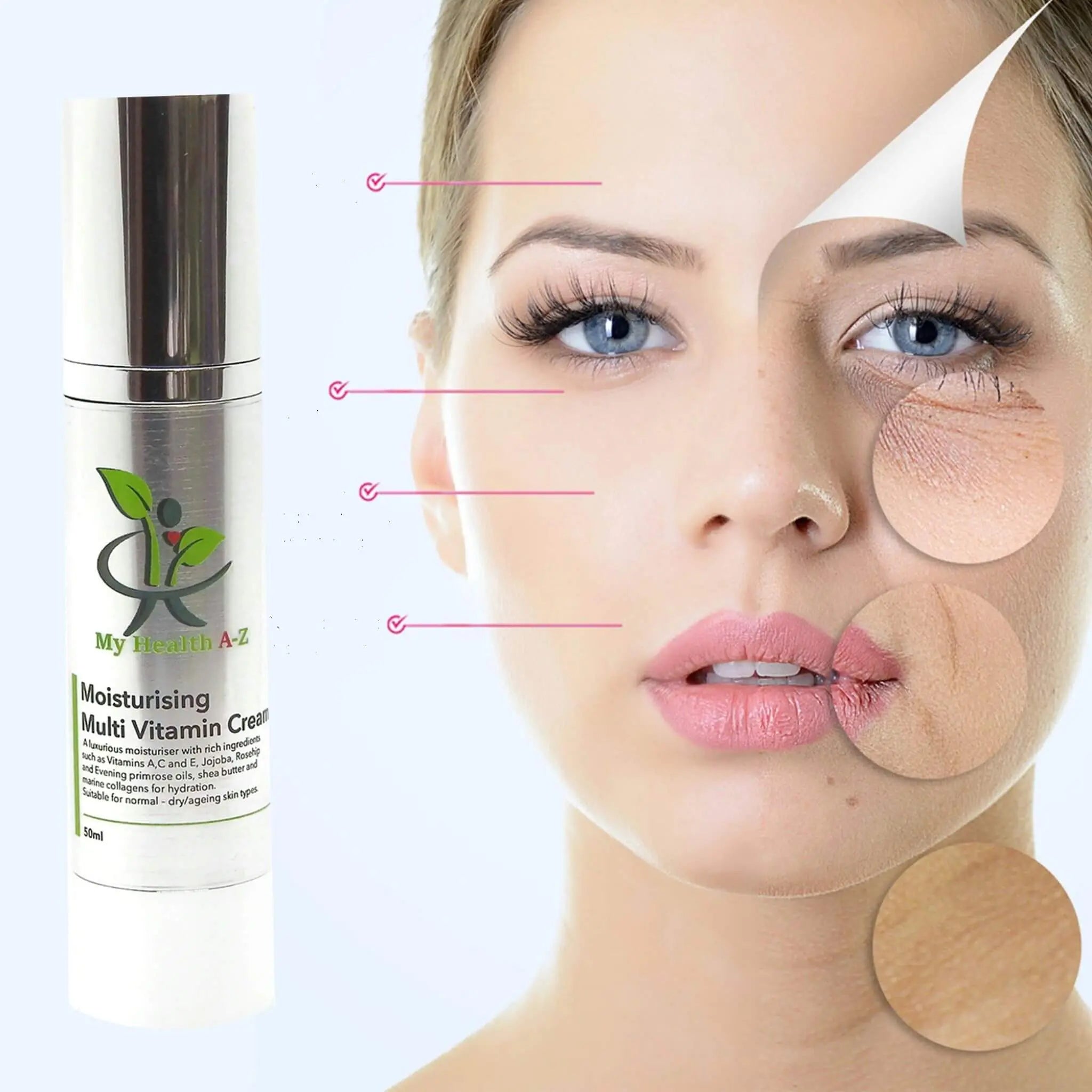 Woman with skincare patches on face next to a moisturizing multi-vitamin cream bottle.