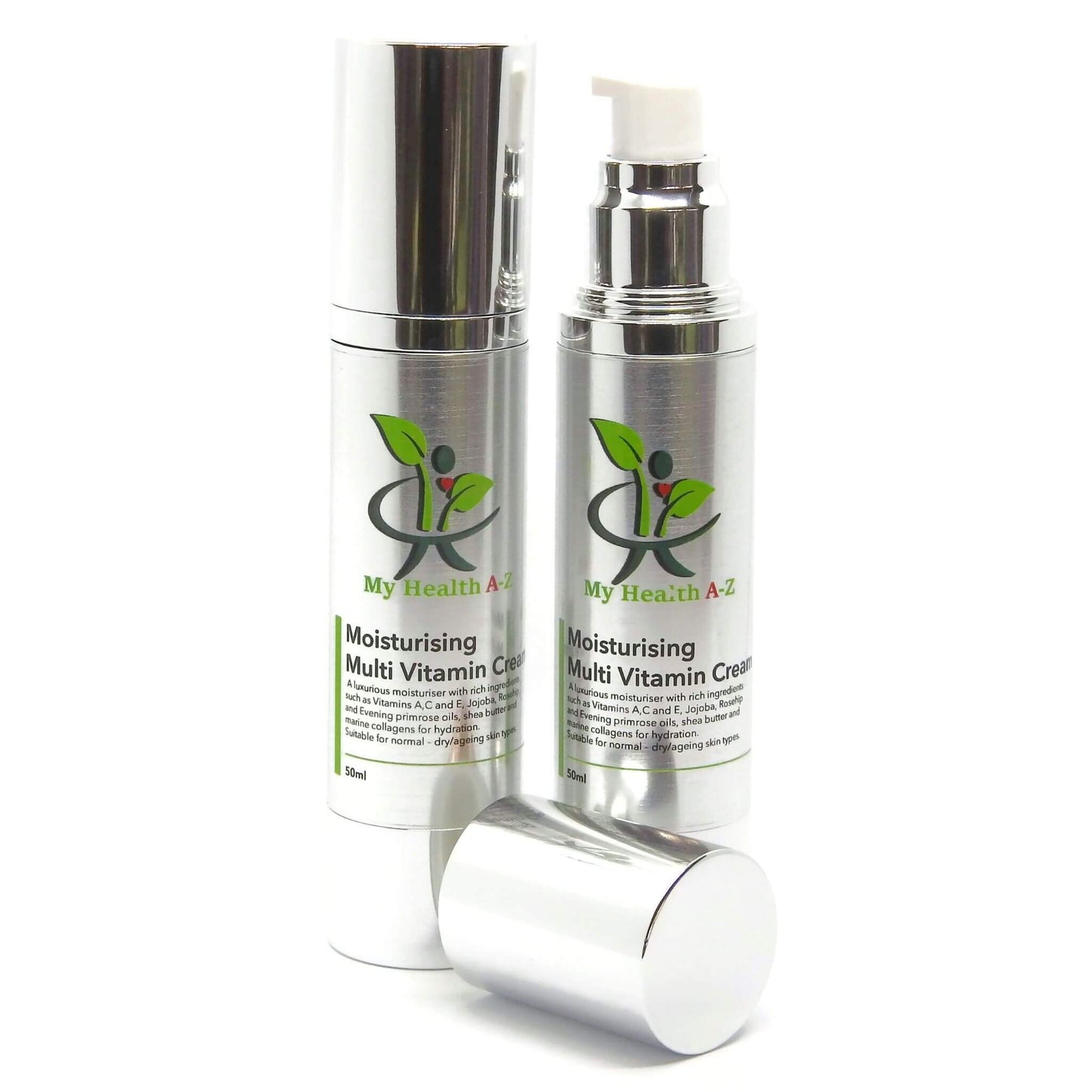two Moisturising Multi-Vitamin Cream (50ml) one with lid the other without lid in front of bottle