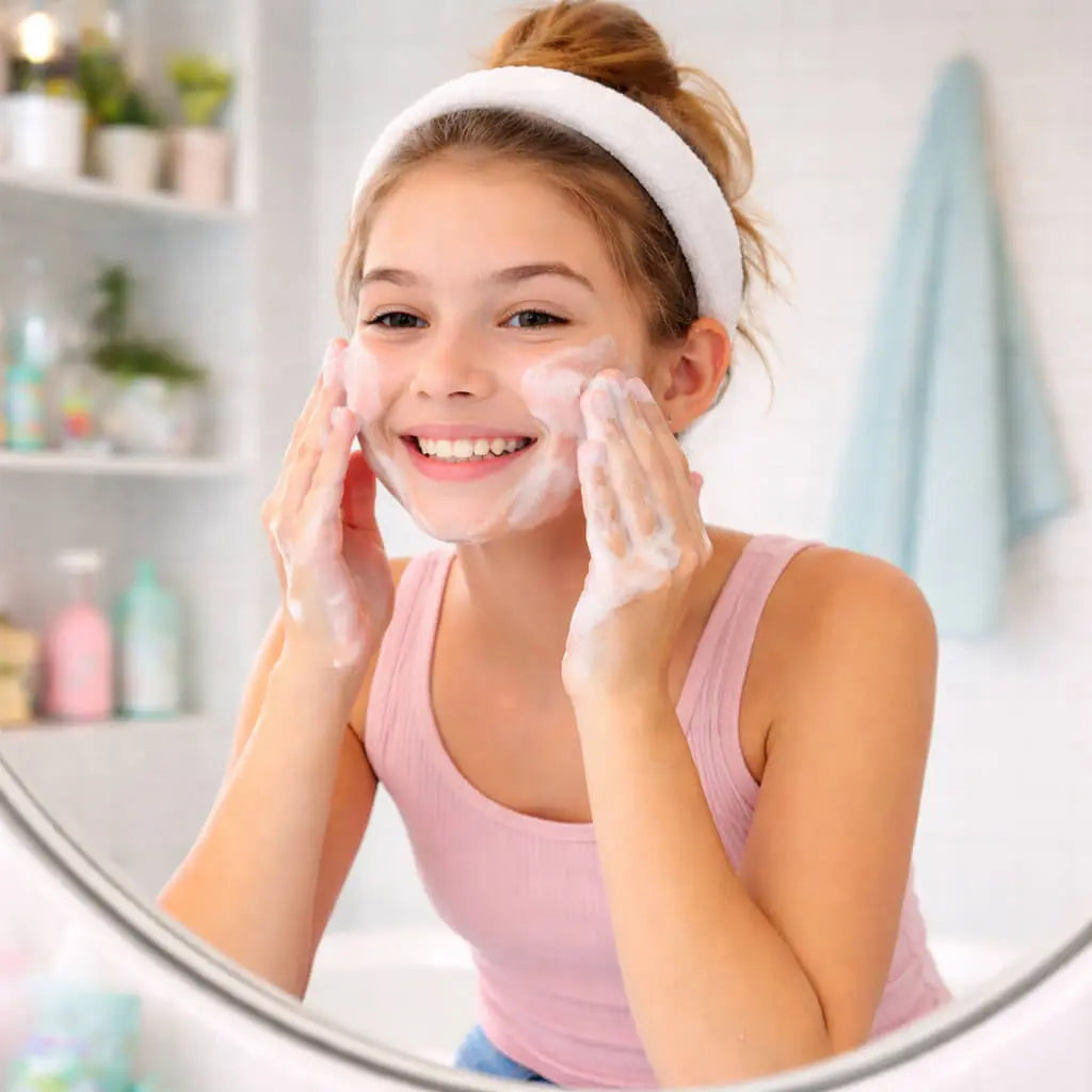 Young girl applying My Health A-Z Pre-Teen Facial Cleanser in mirror – gentle cleanser for pre-teen skin