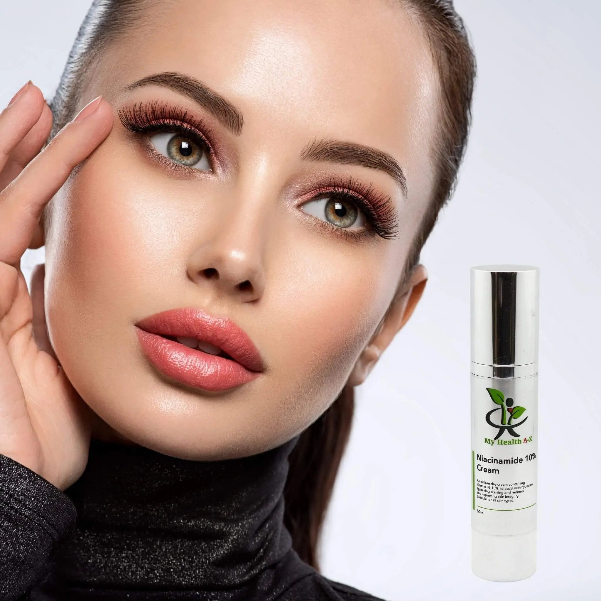 Woman with makeup and a bottle of &