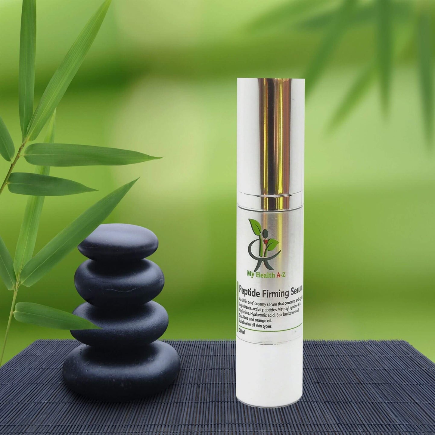 green background with palm leafs four black rocks stack on the right a bottle of Peptide firming serum
