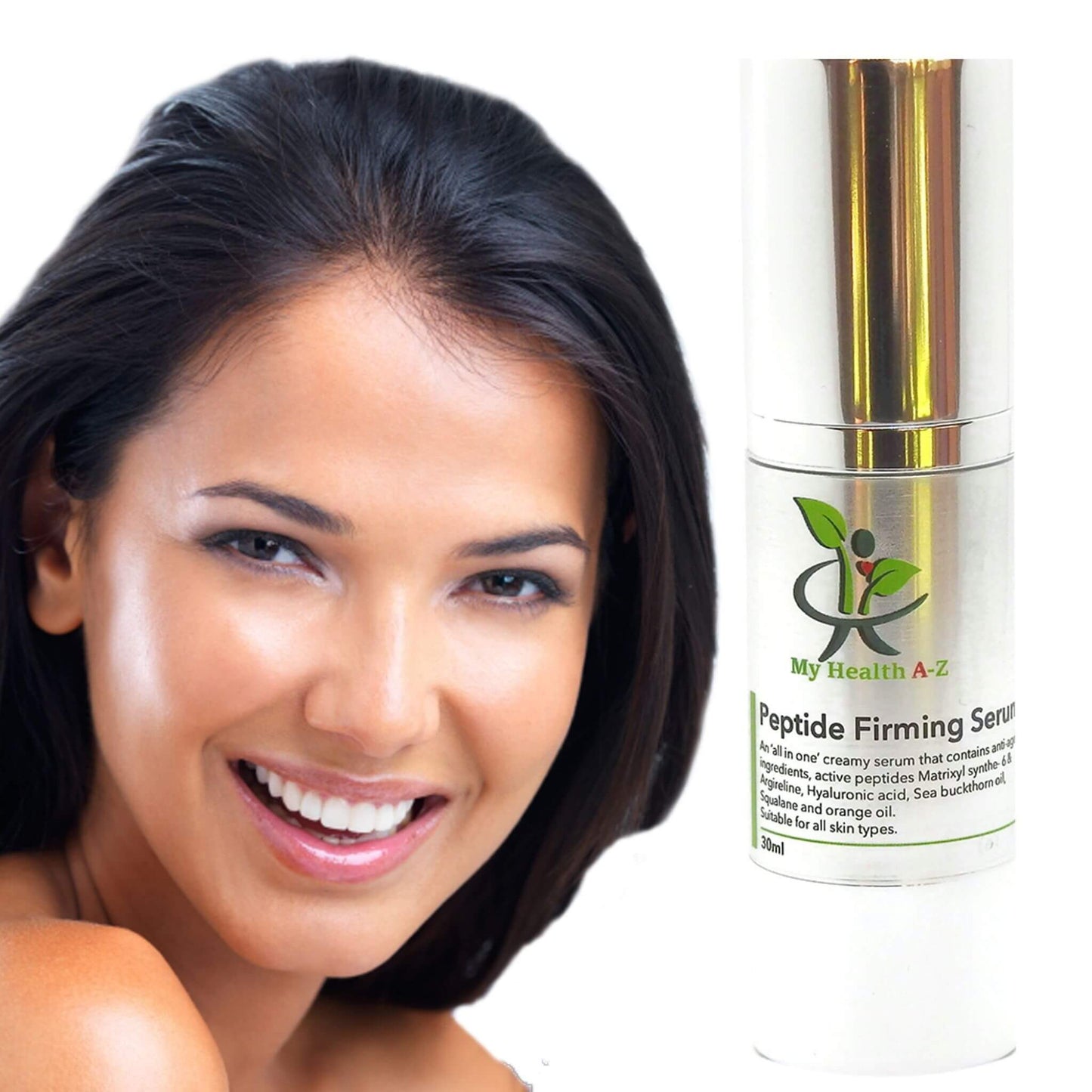 beautiful woman with black hair smiling on the right a bottle of Peptide firming serum