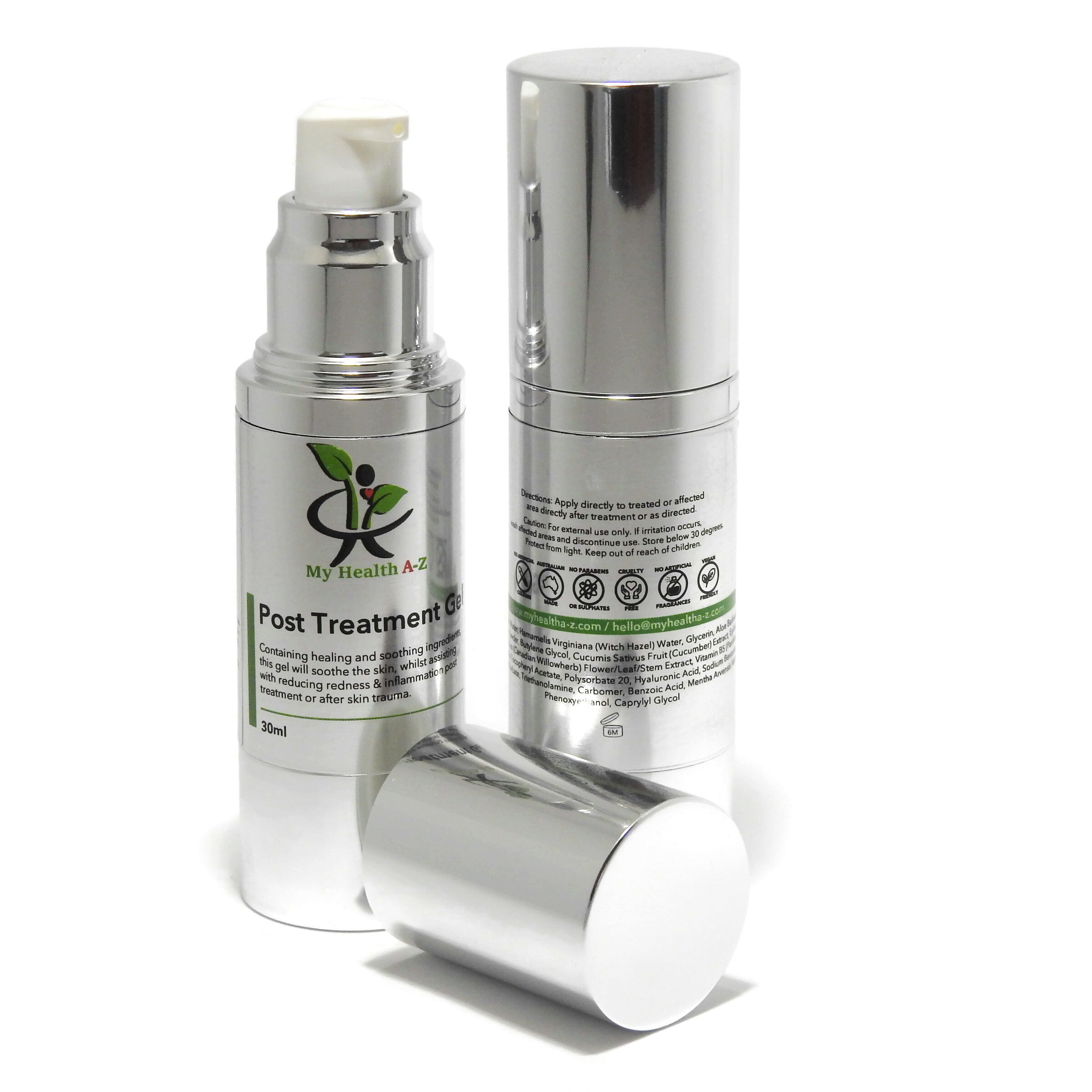Two silver skincare bottles with labels on a white background
