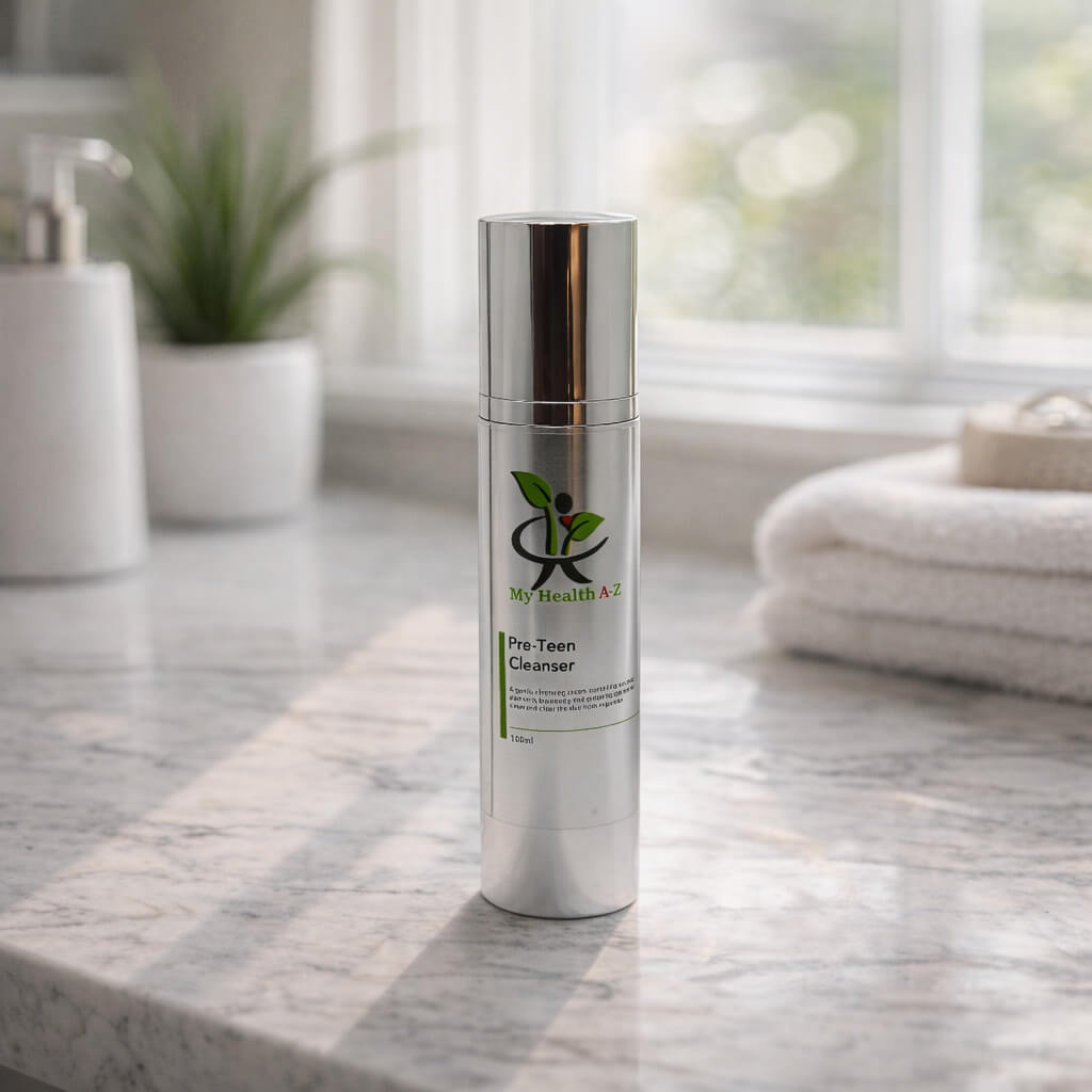 Skincare bottle pre-teen cleanser
on a marble countertop with a blurred background